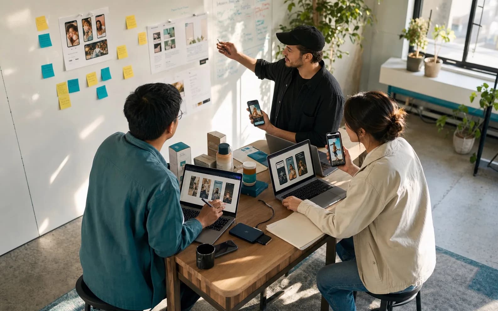 Two or three person growth team reviewing VidMage assets, variants, and delivery output