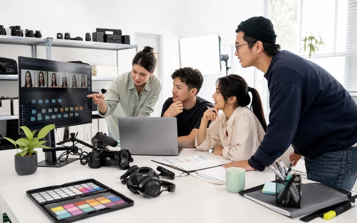 Four-person micro studio reviewing approved face assets and delivery versions for short video campaigns