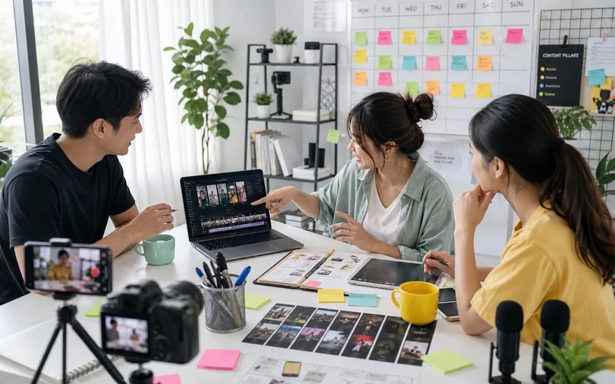 Small TikTok channel team planning vertical video hooks and publishing slots in a bright studio