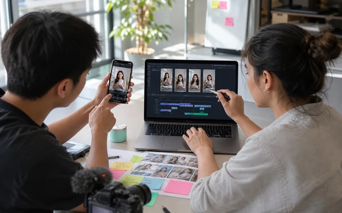Creator and editor reviewing TikTok hook variants on a laptop and phone in a bright workspace
