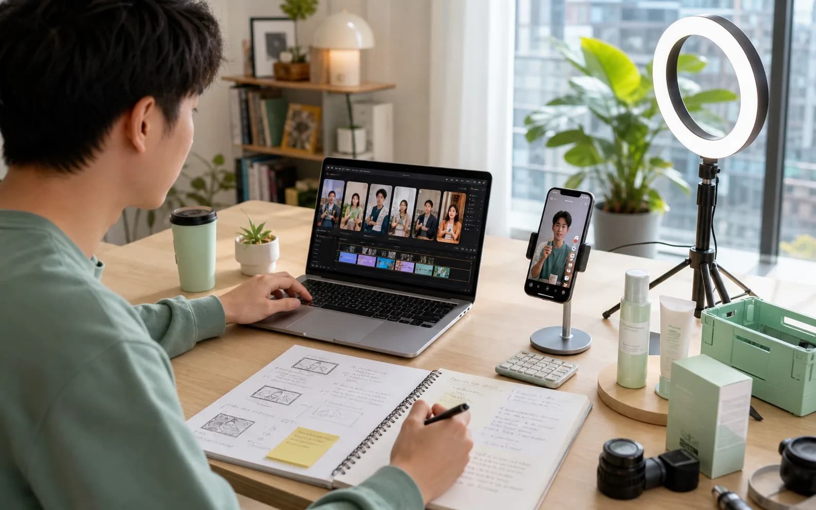 Bright TikTok creator workspace with vertical video hook variants, product props, and a phone preview