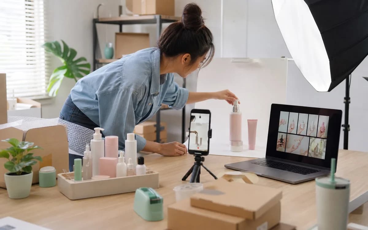 TikTok Shop style seller recording a product demo with phone, light, and product props