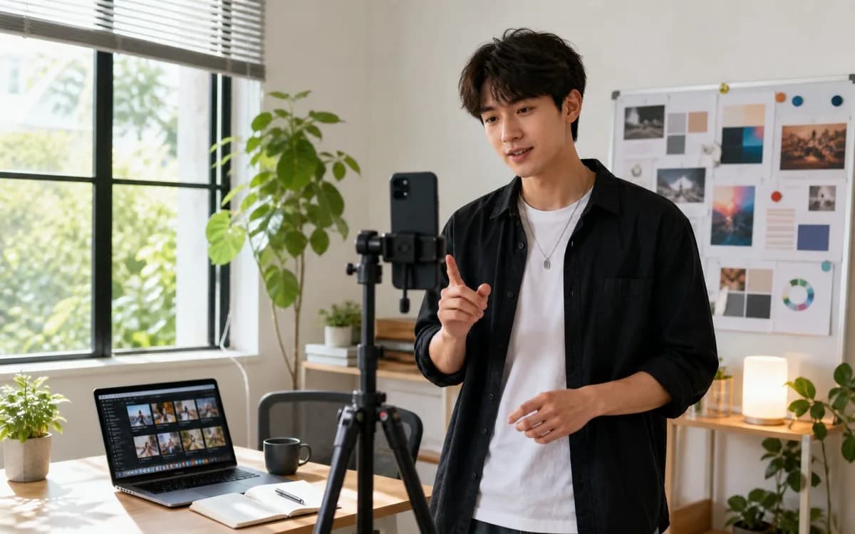 Solo TikTok creator in a bright home studio preparing a vertical trend video with a phone tripod