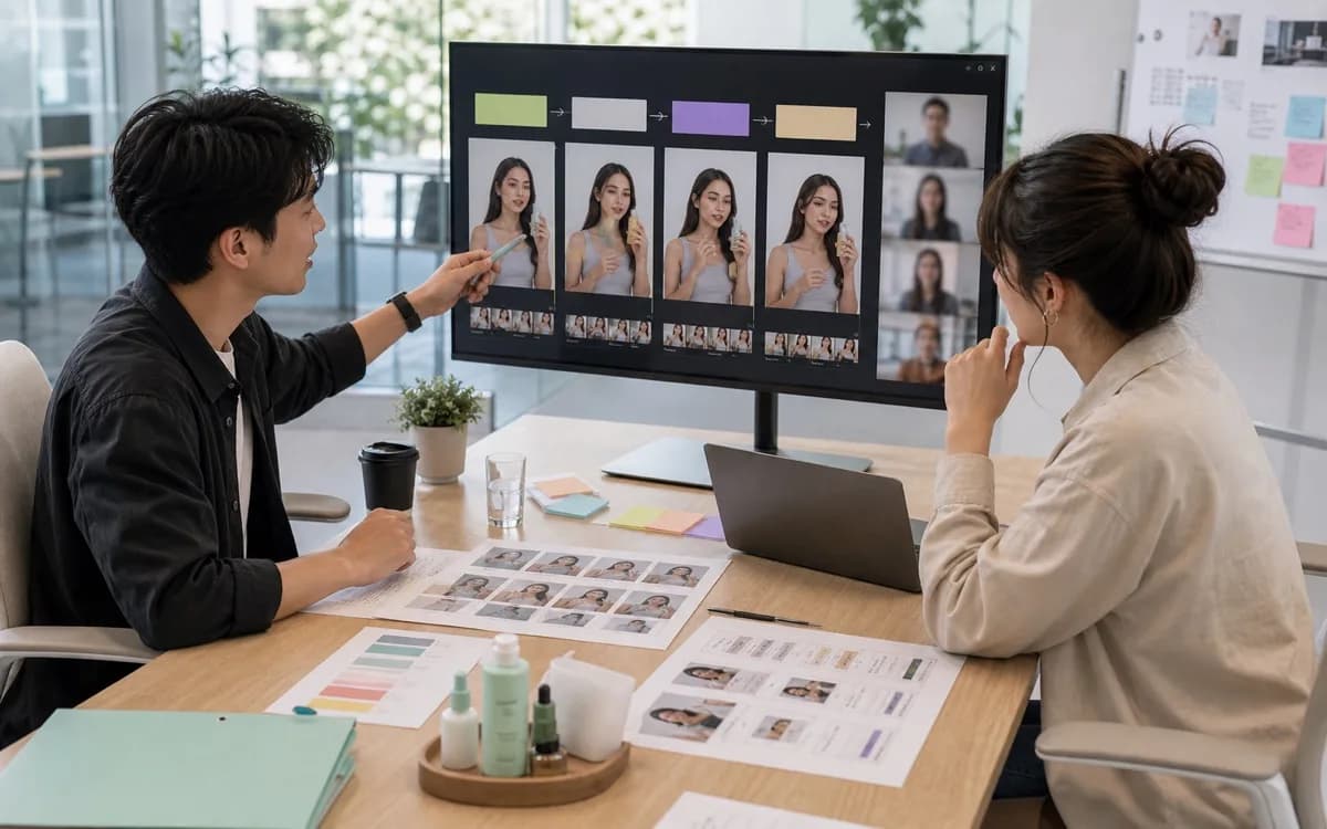 Agency team reviewing UGC ad variants on a large screen before client handoff