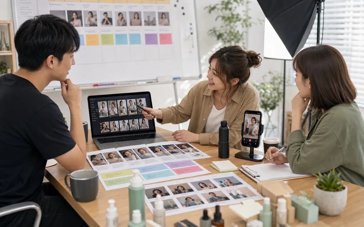 UGC creative team selecting ad angles around product samples and storyboards in a sunny meeting room