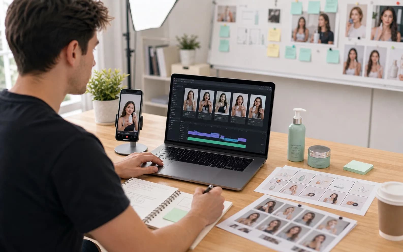 Bright UGC ad editing desk with product samples, hook storyboards, vertical previews, and client-ready variants