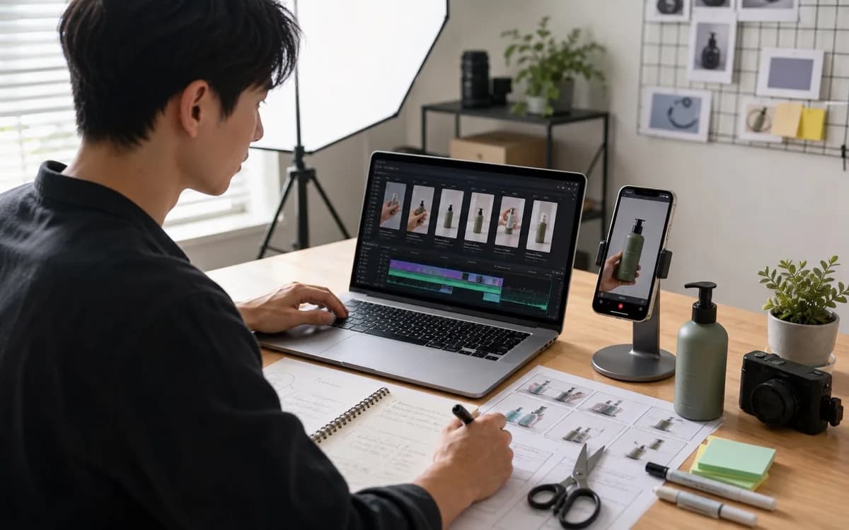 Solo UGC ad editor comparing opening hook variants on a bright editing desk