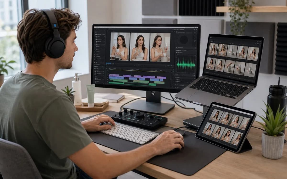 UGC ad editor reviewing product demo clips and presenter variants in a bright editing bay
