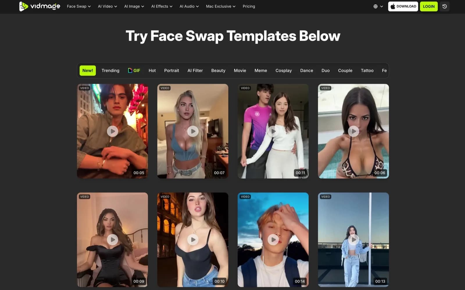 VidMage face swap templates gallery screenshot