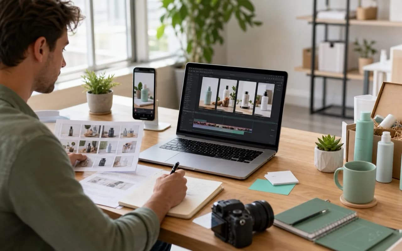 Affiliate marketer organizing product creatives for a campaign workflow