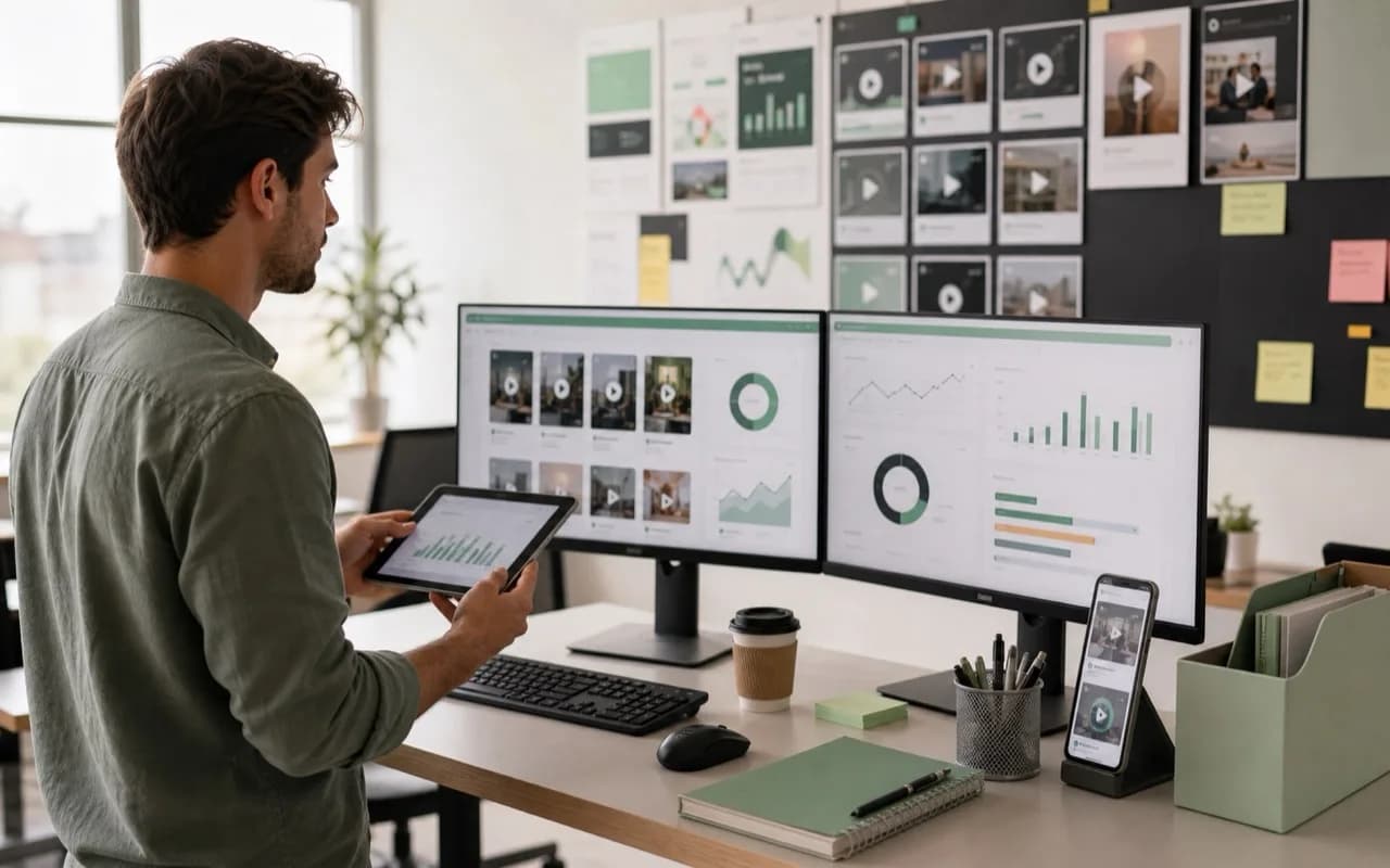 Performance marketer reviewing affiliate ad variants and campaign results
