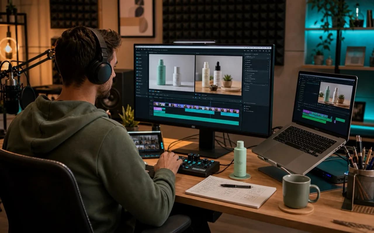 Video editor comparing product review clips on a timeline