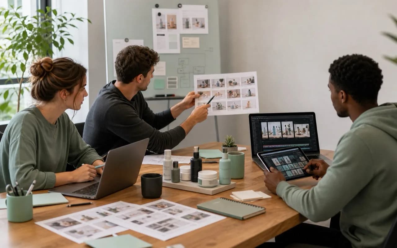 Affiliate team planning product storyboards and content handoffs