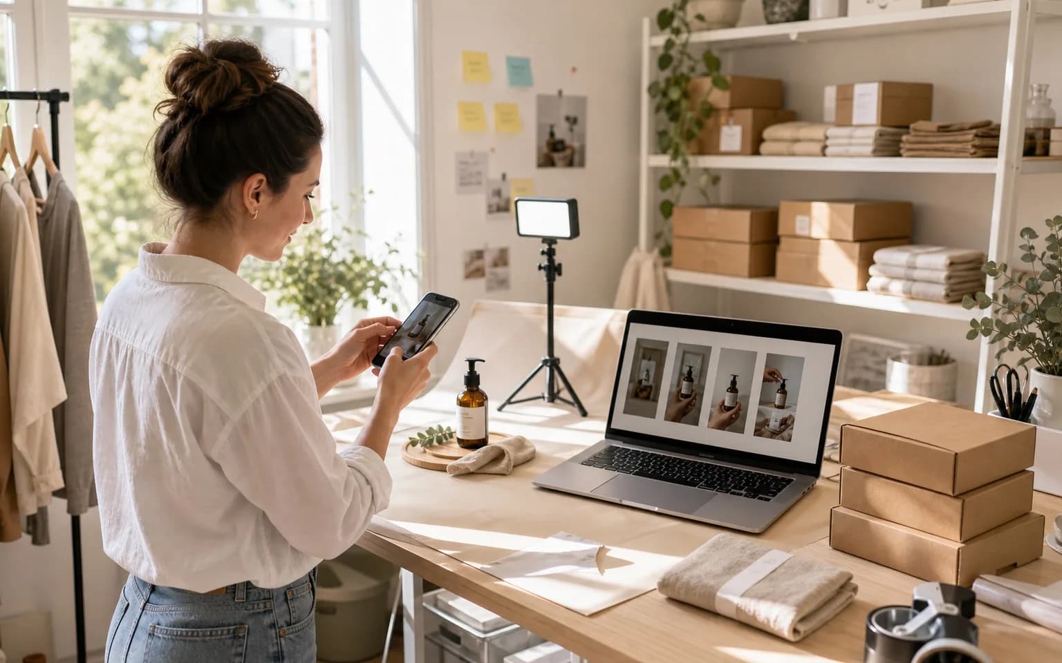 Hands-on ecommerce owner reviewing VidMage assets, variants, and delivery output