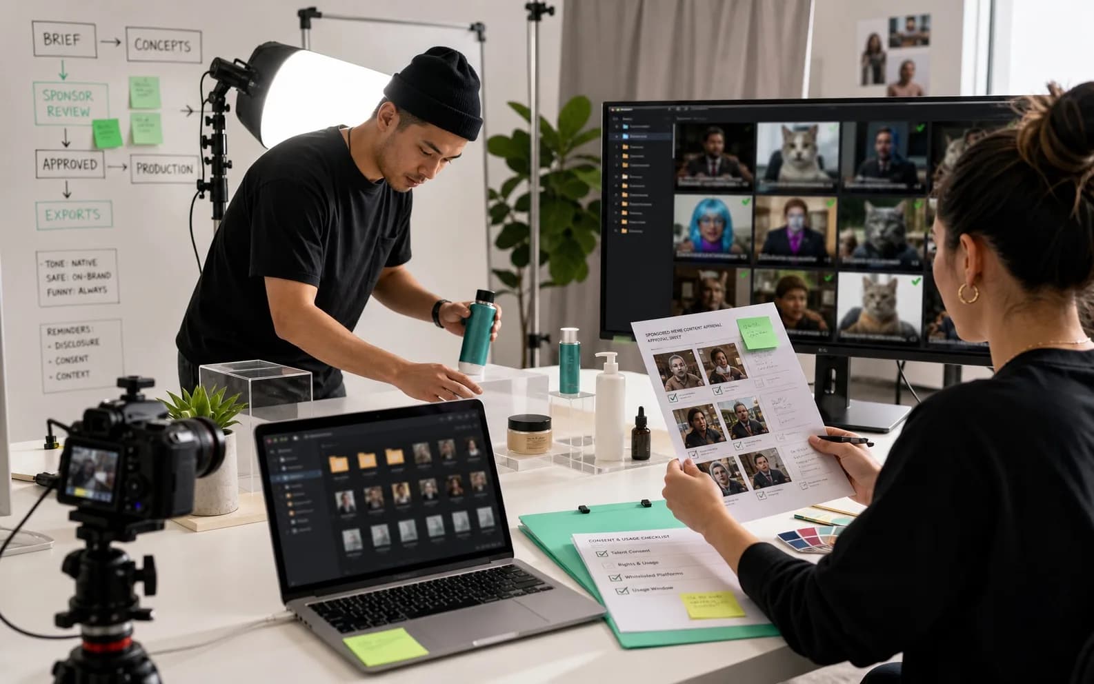 Sponsored meme collaborator reviewing VidMage assets, variants, and delivery output