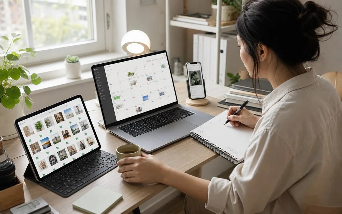 Social manager filling the calendar reviewing VidMage assets, variants, and delivery output