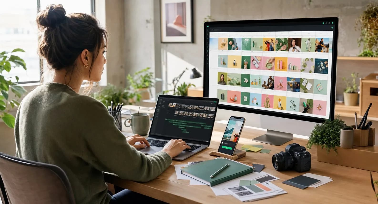 Bright social media manager workspace with a content calendar, laptop timeline, phone preview, and campaign assets