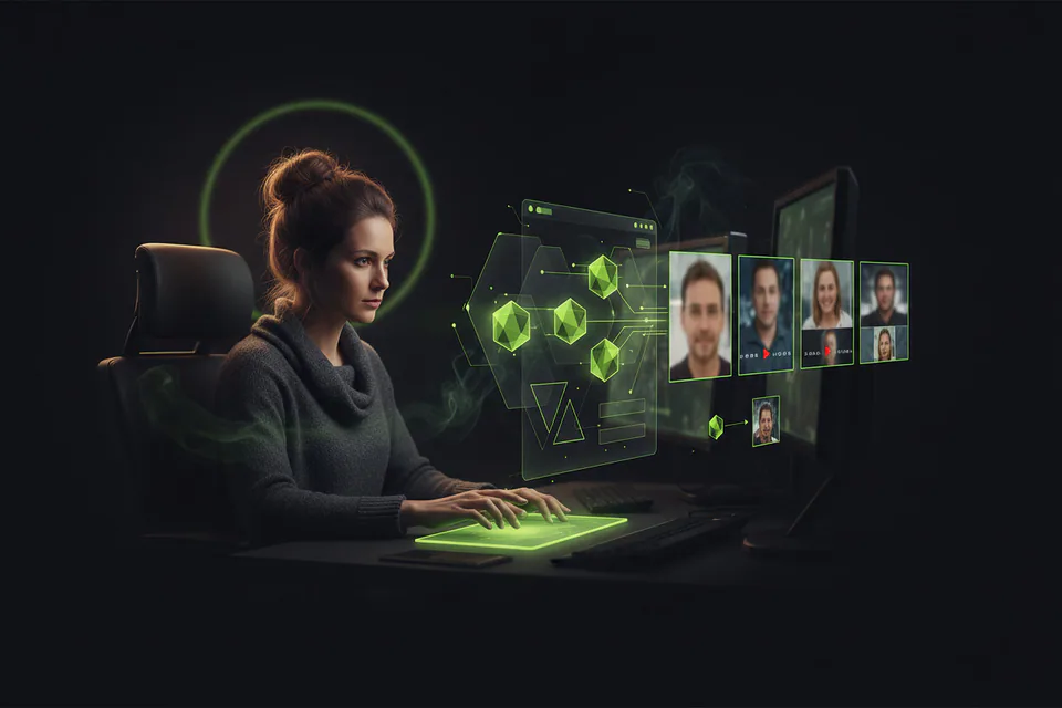 Adult creator planning a photo-and-video face-swap project at a workstation, with a small set of clean glowing token shapes flowing efficiently into several finished media thumbnails.