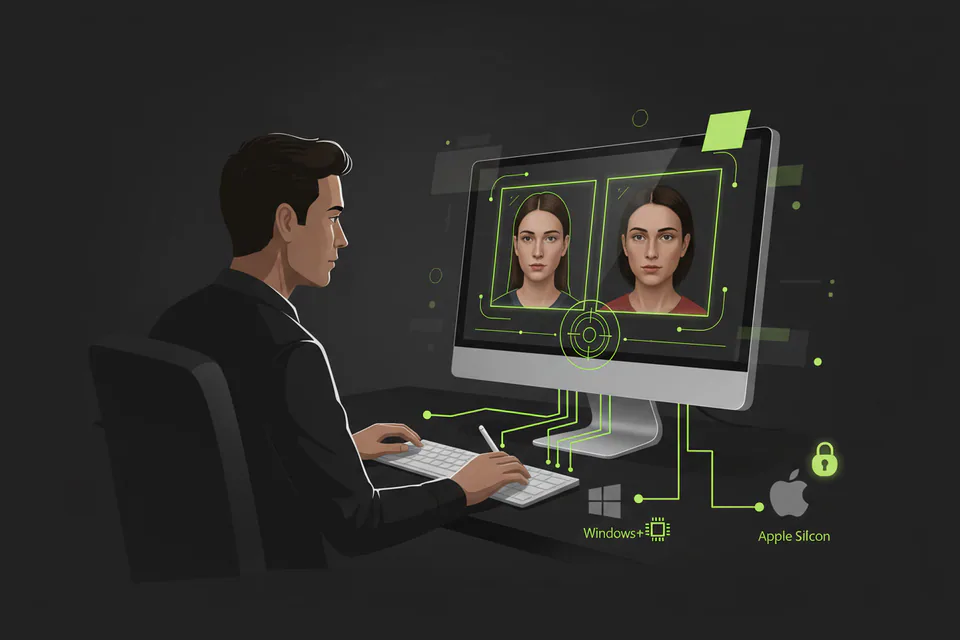 Adult creator using a sleek unbranded silver desktop computer in a private studio, with source portrait and finished face-swap video represented on the screen and a subtle local-processing shield motif.