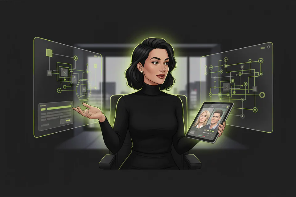 Confident adult creator comparing a recorded face-swap result and a private desktop workflow in a modern creative studio, visually communicating a simpler alternative workflow without showing either product's logo or interface for the Akool alternative page.