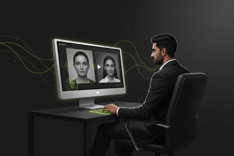 Adult creator using a sleek unbranded silver desktop computer in a private studio, with source portrait and finished face-swap video represented on the screen and a subtle local-processing shield motif.