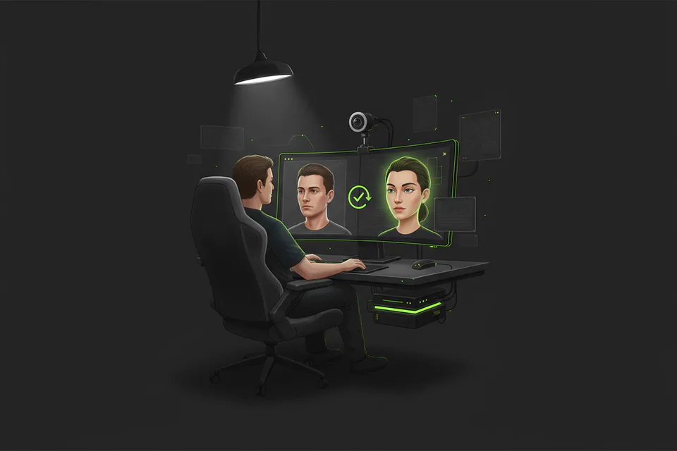 Adult creator in a live video-call setup, camera and monitor visible, with a natural face-transformation preview and a crisp real-time production atmosphere.