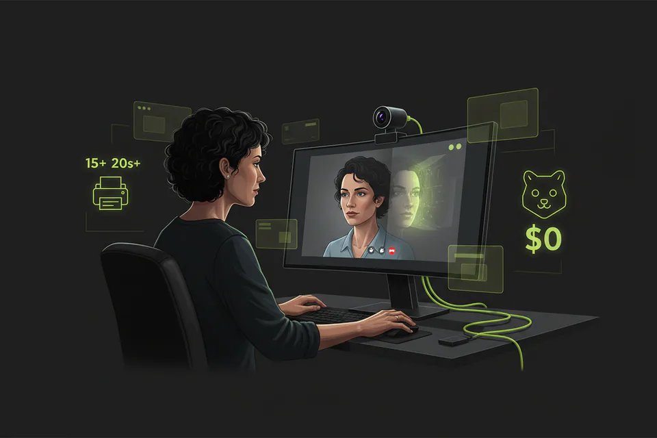 Adult creator in a live video-call setup, camera and monitor visible, with a natural face-transformation preview and a crisp real-time production atmosphere.