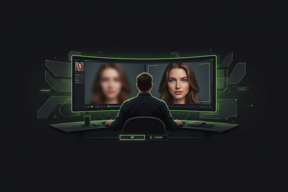 Video editor reviewing an exceptionally sharp face-swap portrait on a large studio display, with a softer low-detail preview beside a crisp cinematic final frame.