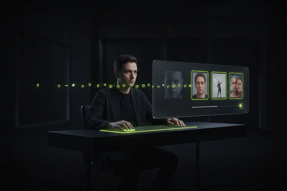 Adult creator planning a photo-and-video face-swap project at a workstation, with a small set of clean glowing token shapes flowing efficiently into several finished media thumbnails.