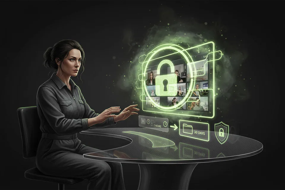 Adult creator managing portrait and video files inside a protected creative workspace, with a subtle lock, fading cloud particles, and clearly private local media handling.