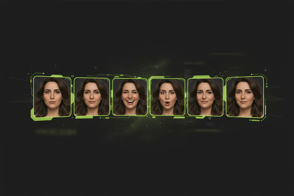Playful sequence of repeated portrait frames arranged as a smooth looping animation, showing one original adult expression changing naturally across the frames.