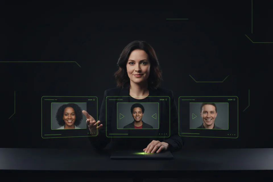 Confident adult creator comparing a reference portrait, a source video frame, and a polished face-swap result in a modern creative studio, visually communicating a simpler alternative workflow without showing either product's logo or interface for the DeepSwap alternative page.