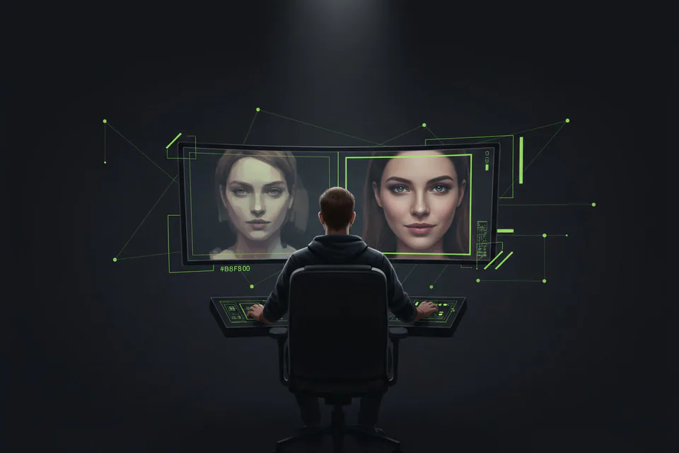 Video editor reviewing an exceptionally sharp face-swap portrait on a large studio display, with a softer low-detail preview beside a crisp cinematic final frame.