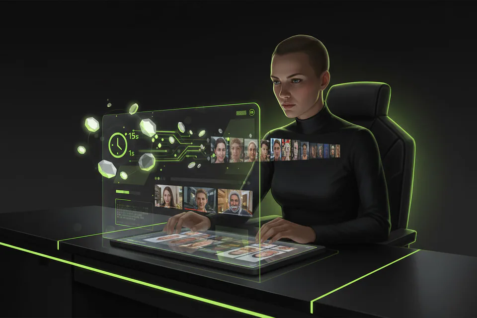 Adult creator planning a photo-and-video face-swap project at a workstation, with a small set of clean glowing token shapes flowing efficiently into several finished media thumbnails.