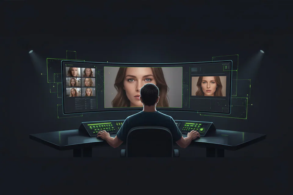 Video editor reviewing an exceptionally sharp face-swap portrait on a large studio display, with a softer low-detail preview beside a crisp cinematic final frame.