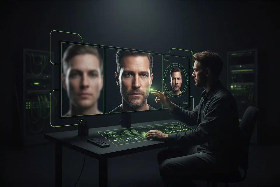 Video editor reviewing an exceptionally sharp face-swap portrait on a large studio display, with a softer low-detail preview beside a crisp cinematic final frame.