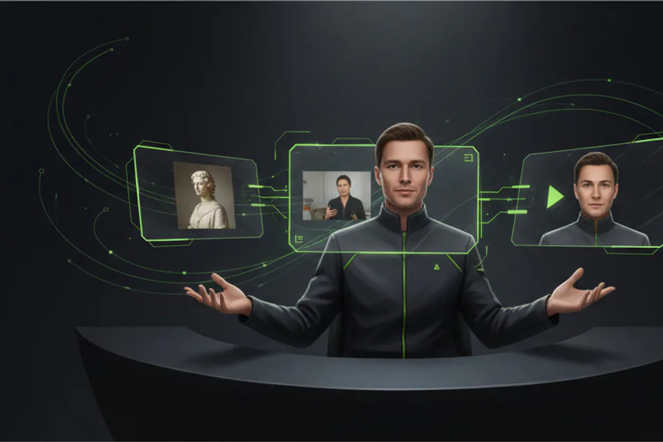 Confident adult creator comparing a reference portrait, a source video frame, and a polished face-swap result in a modern creative studio, visually communicating a simpler alternative workflow without showing either product's logo or interface for the FaceMagic alternative page.