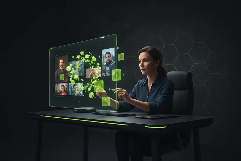 Adult creator planning a photo-and-video face-swap project at a workstation, with a small set of clean glowing token shapes flowing efficiently into several finished media thumbnails.