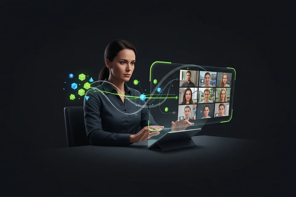Adult creator planning a photo-and-video face-swap project at a workstation, with a small set of clean glowing token shapes flowing efficiently into several finished media thumbnails.