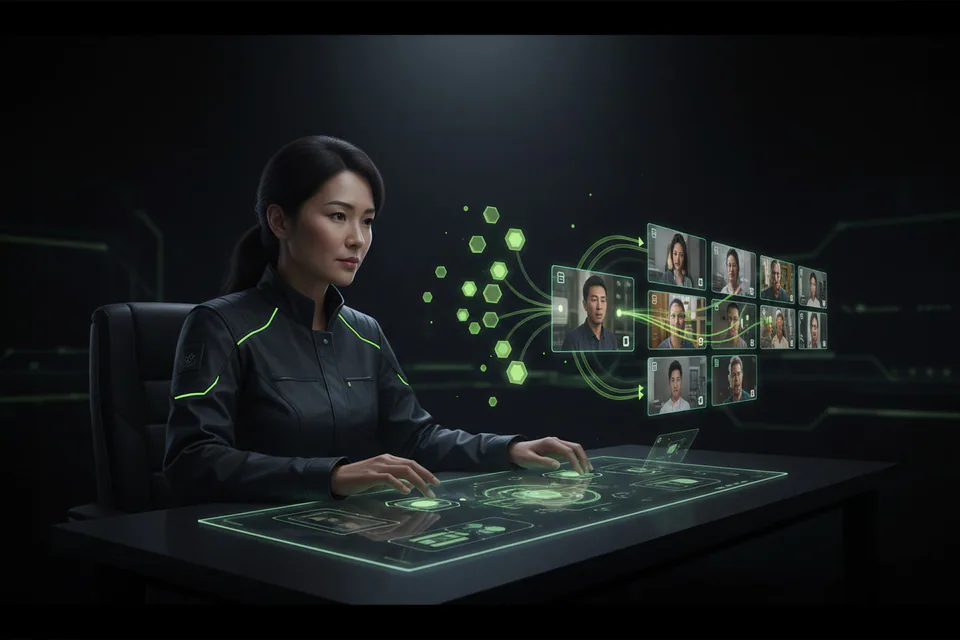 Adult creator planning a photo-and-video face-swap project at a workstation, with a small set of clean glowing token shapes flowing efficiently into several finished media thumbnails.