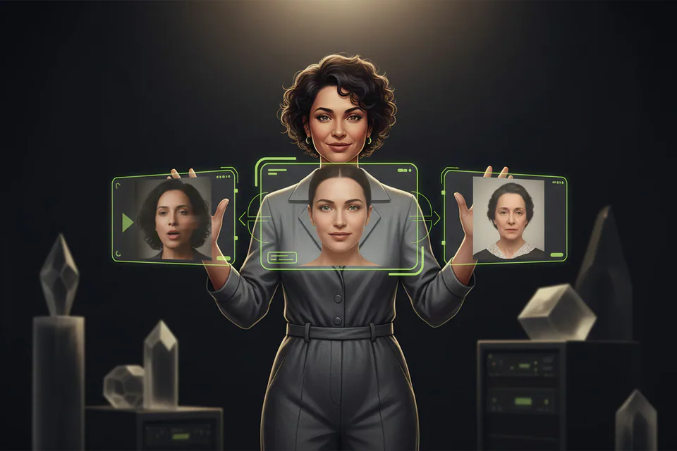 Confident adult creator comparing a reference portrait, a source video frame, and a polished face-swap result in a modern creative studio, visually communicating a simpler alternative workflow without showing either product's logo or interface for the Higgsfield alternative page.