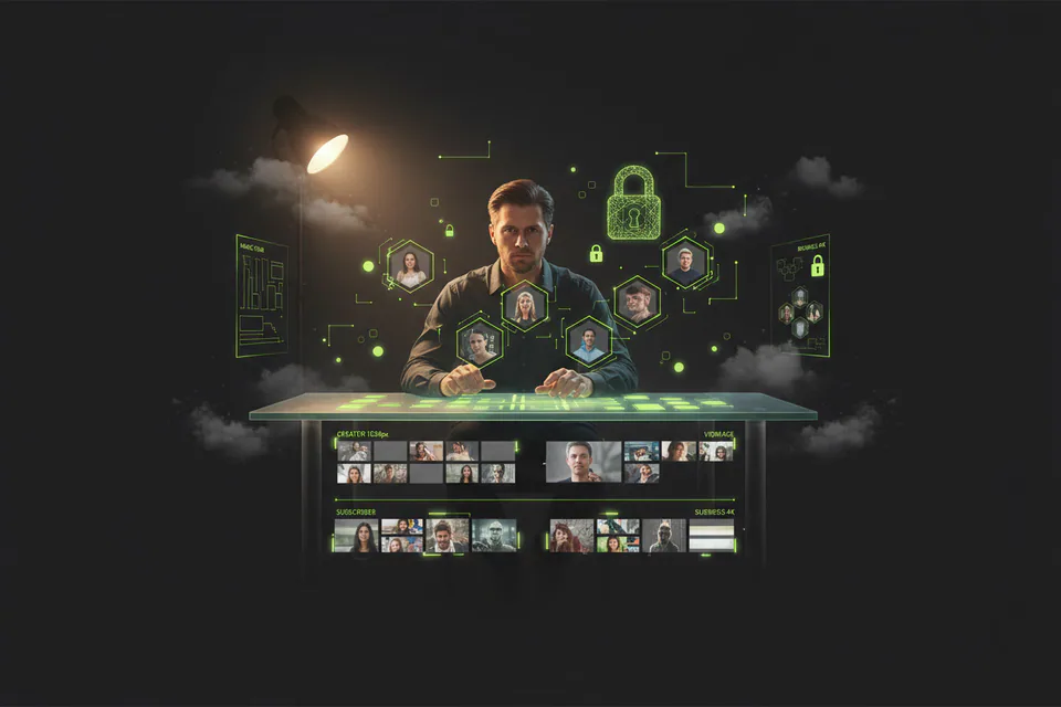 Adult creator managing portrait and video files inside a protected creative workspace, with a subtle lock, fading cloud particles, and clearly private local media handling.