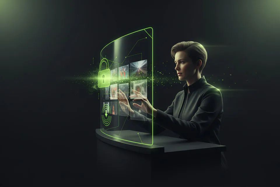 Adult creator managing portrait and video files inside a protected creative workspace, with a subtle lock, fading cloud particles, and clearly private local media handling.