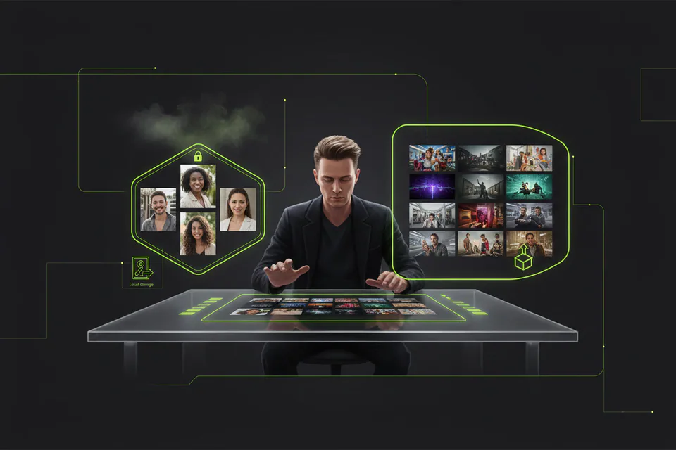 Adult creator managing portrait and video files inside a protected creative workspace, with a subtle lock, fading cloud particles, and clearly private local media handling.