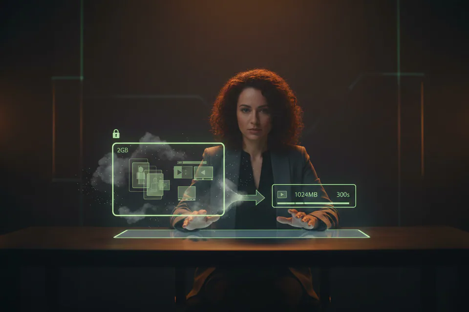 Adult creator managing portrait and video files inside a protected creative workspace, with a subtle lock, fading cloud particles, and clearly private local media handling.
