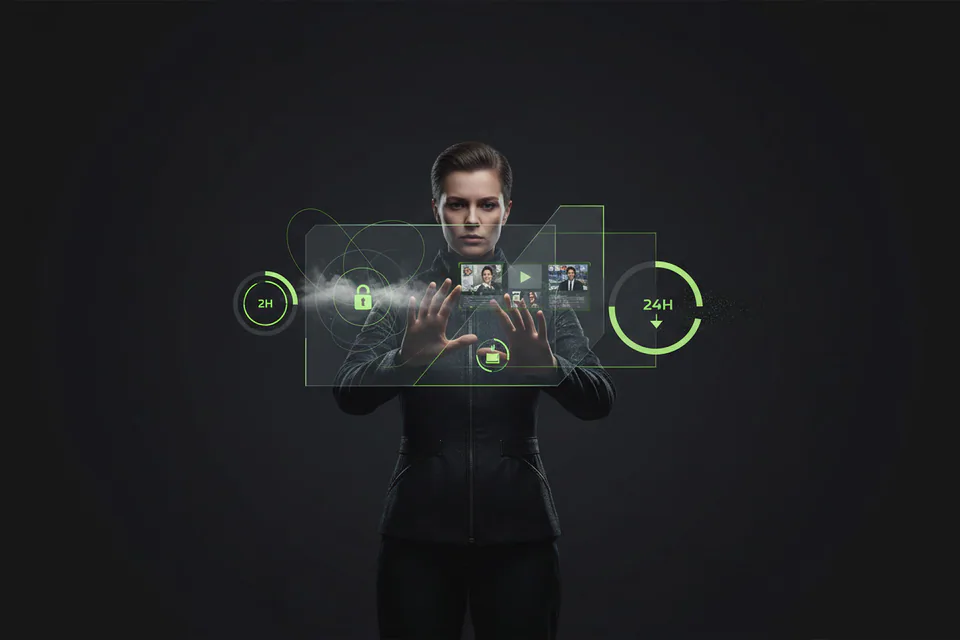 Adult creator managing portrait and video files inside a protected creative workspace, with a subtle lock, fading cloud particles, and clearly private local media handling.