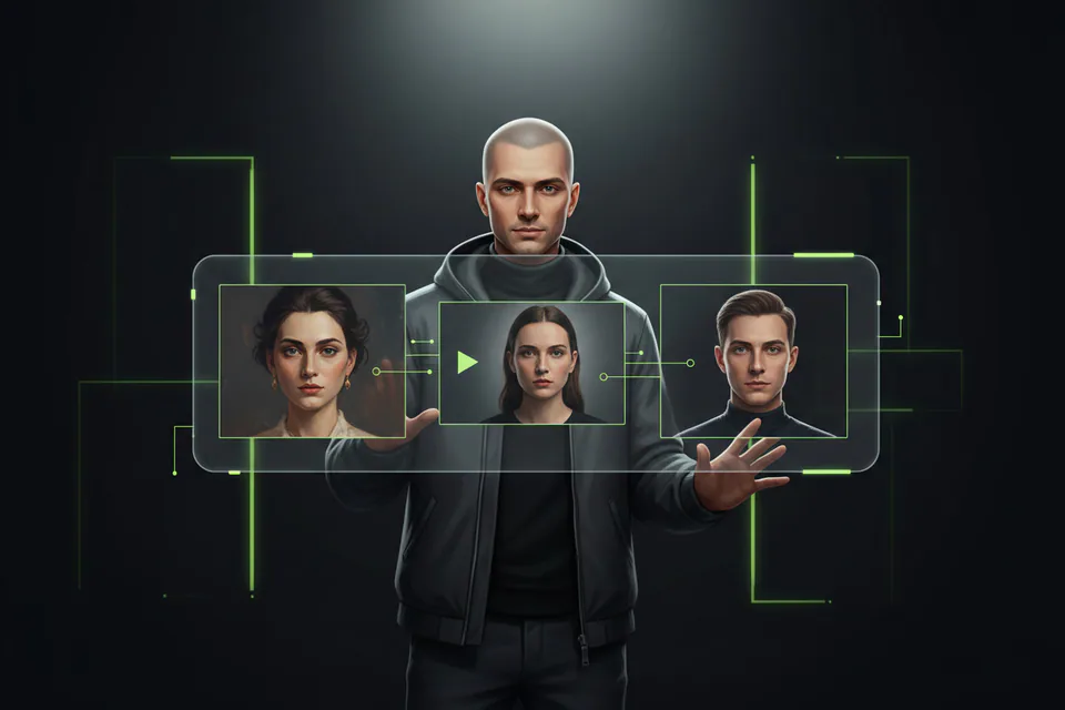 Confident adult creator comparing a reference portrait, a source video frame, and a polished face-swap result in a modern creative studio, visually communicating a simpler alternative workflow without showing either product's logo or interface for the Pica AI alternative page.