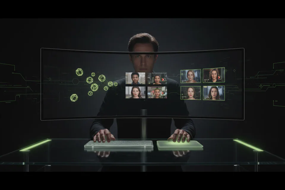 Adult creator planning a photo-and-video face-swap project at a workstation, with a small set of clean glowing token shapes flowing efficiently into several finished media thumbnails.
