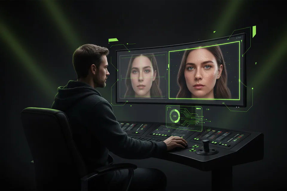 Video editor reviewing an exceptionally sharp face-swap portrait on a large studio display, with a softer low-detail preview beside a crisp cinematic final frame.