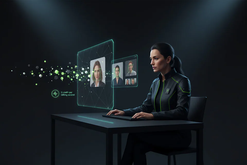 Adult creator planning a photo-and-video face-swap project at a workstation, with a small set of clean glowing token shapes flowing efficiently into several finished media thumbnails.